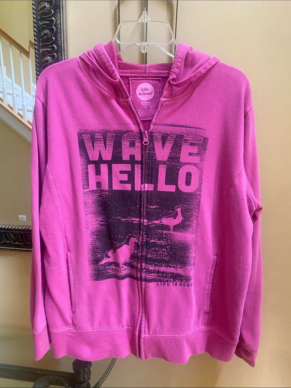 Life Is Good Distressed Hot Pink Wave Hello Zip Hoodie super soft